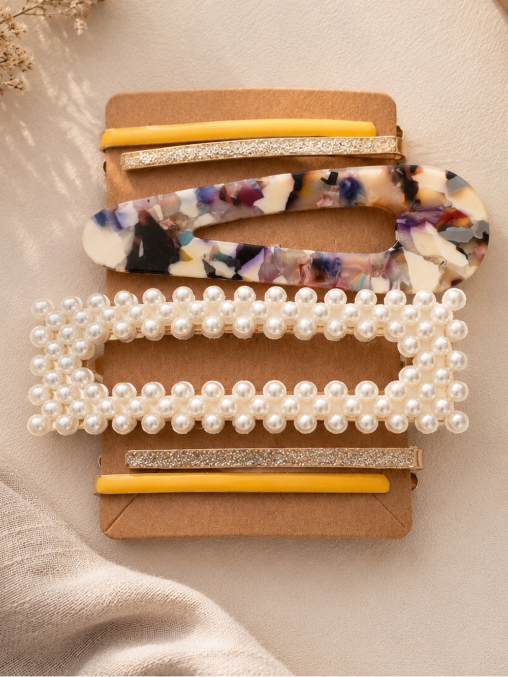 Anthropologie 6Pc Hair Clip Barrette Set Pearl Acetate Tortoise Shell